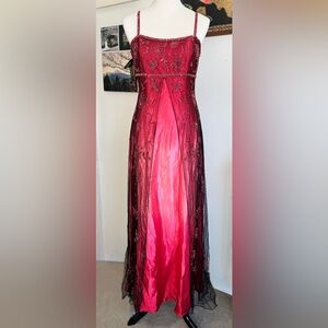 VTG BIANCA Red Ombré & Black Beaded Mesh Overlay Formal Satin Gown Vampy Prom M